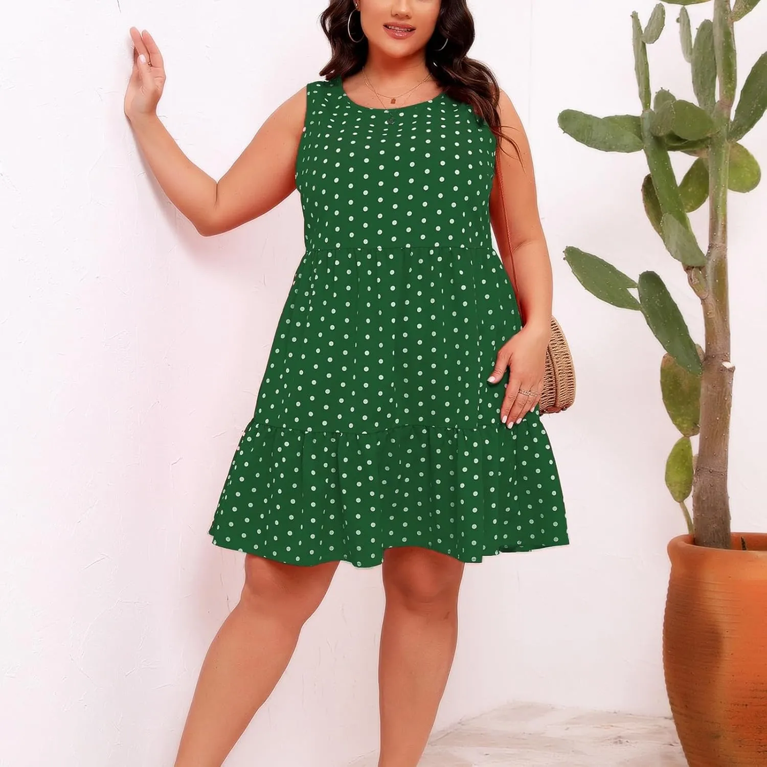 Plus Size Summer Dresses Beach Crew Neck Sleeveless Polka Dot Tank Dresses for Women Loose Length Knee Sundress