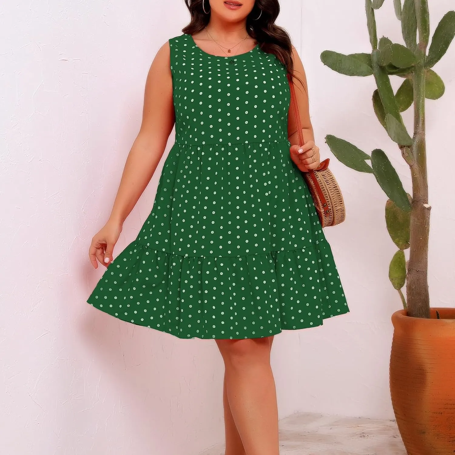 Plus Size Summer Dresses Beach Crew Neck Sleeveless Polka Dot Tank Dresses for Women Loose Length Knee Sundress