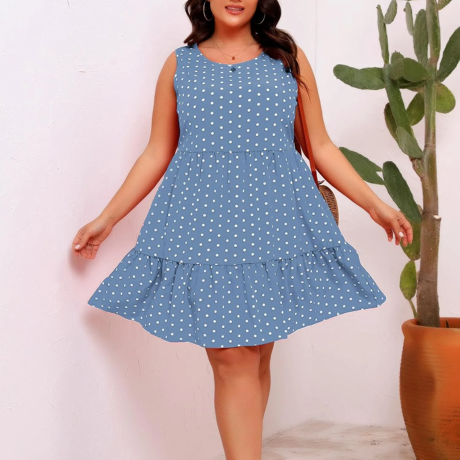 Plus Size Summer Dresses Beach Crew Neck Sleeveless Polka Dot Tank Dresses for Women Loose Length Knee Sundress