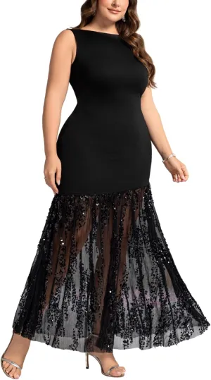 Plus Size Wedding Guest Dress Summer Sleeveless Cocktail Formal Gown Sequin Sheer Mesh Embellished Mermaid Maxi Dress