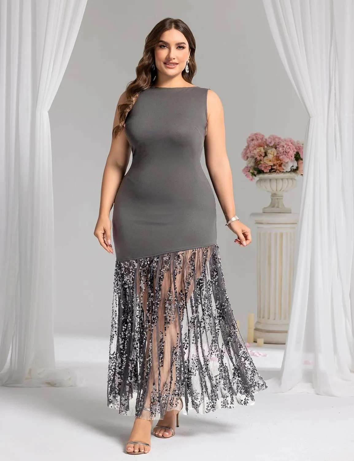 Plus Size Wedding Guest Dress Summer Sleeveless Cocktail Formal Gown Sequin Sheer Mesh Embellished Mermaid Maxi Dress