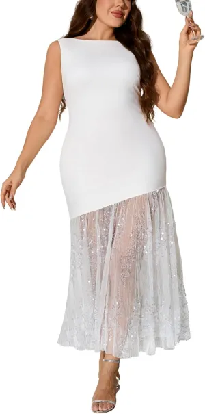 Plus Size Wedding Guest Dress Summer Sleeveless Cocktail Formal Gown Sequin Sheer Mesh Embellished Mermaid Maxi Dress