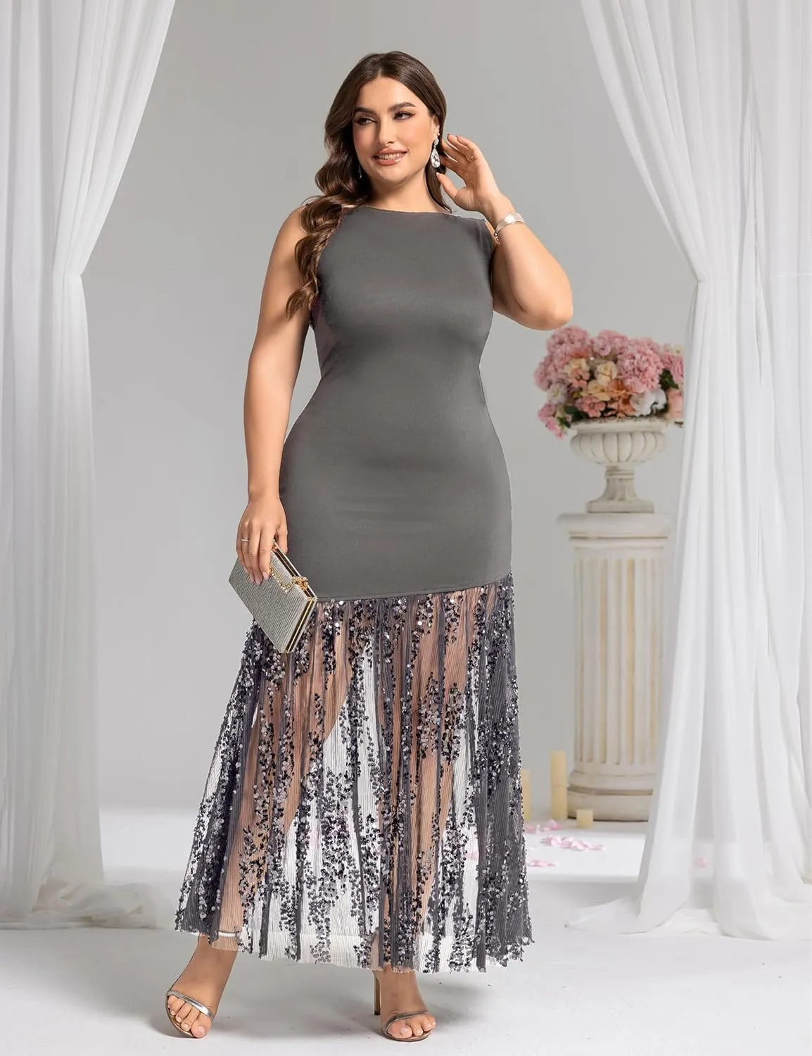 Plus Size Wedding Guest Dress Summer Sleeveless Cocktail Formal Gown Sequin Sheer Mesh Embellished Mermaid Maxi Dress