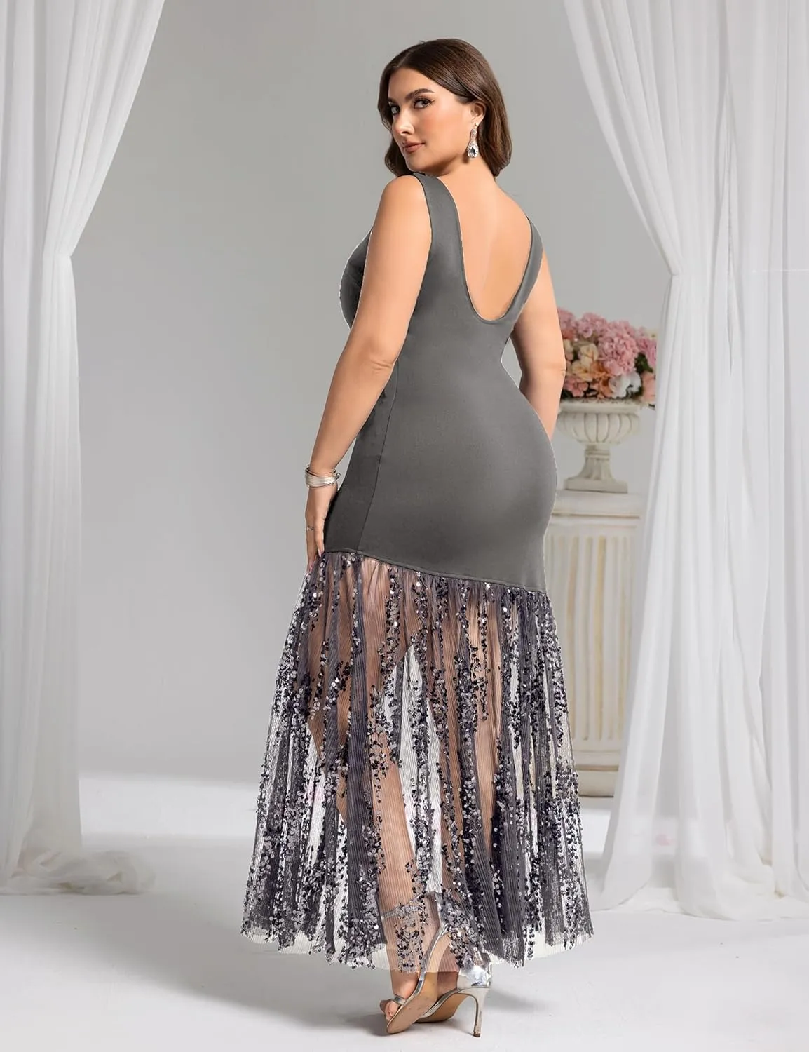 Plus Size Wedding Guest Dress Summer Sleeveless Cocktail Formal Gown Sequin Sheer Mesh Embellished Mermaid Maxi Dress