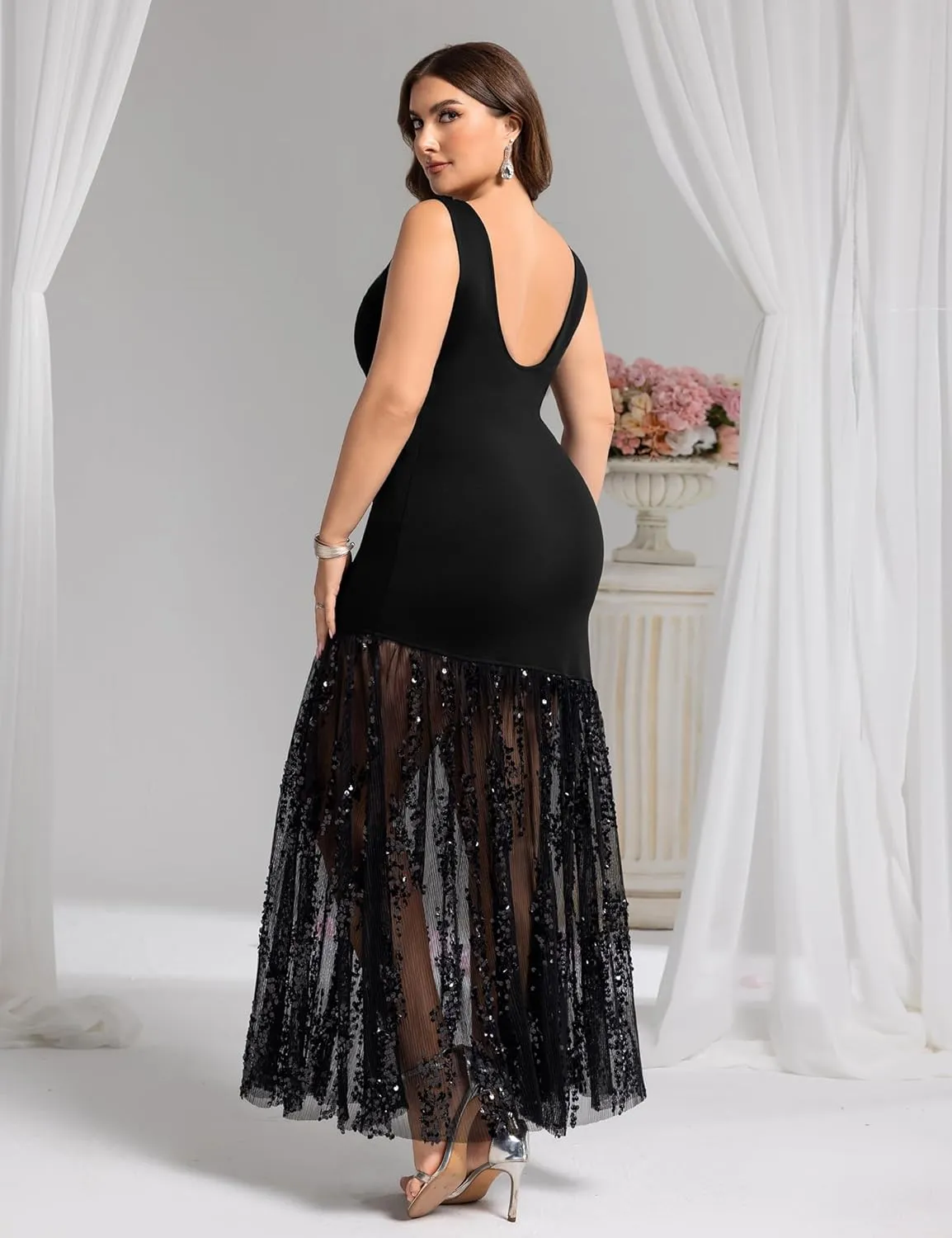 Plus Size Wedding Guest Dress Summer Sleeveless Cocktail Formal Gown Sequin Sheer Mesh Embellished Mermaid Maxi Dress