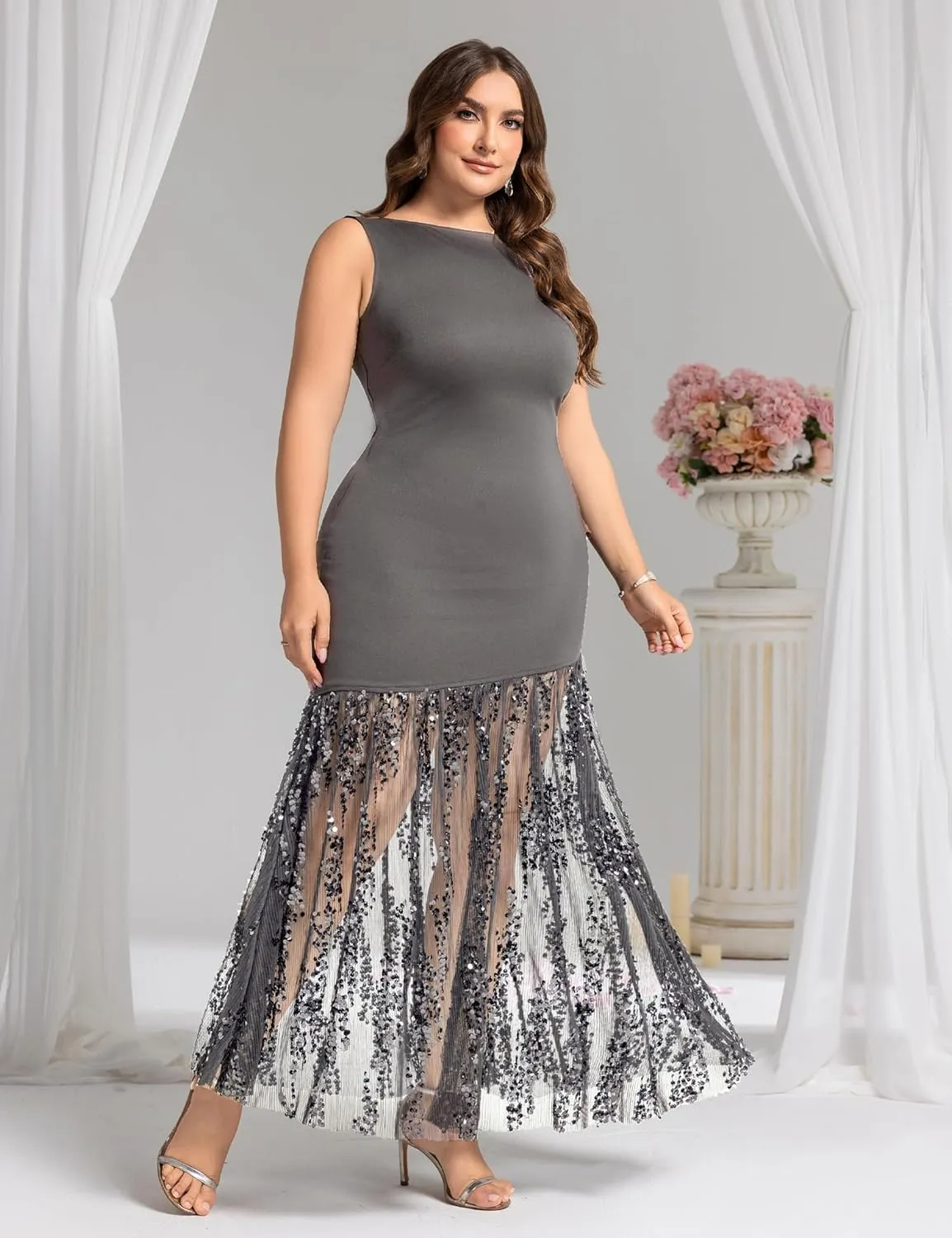 Plus Size Wedding Guest Dress Summer Sleeveless Cocktail Formal Gown Sequin Sheer Mesh Embellished Mermaid Maxi Dress