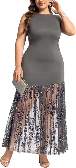 Plus Size Wedding Guest Dress Summer Sleeveless Cocktail Formal Gown Sequin Sheer Mesh Embellished Mermaid Maxi Dress