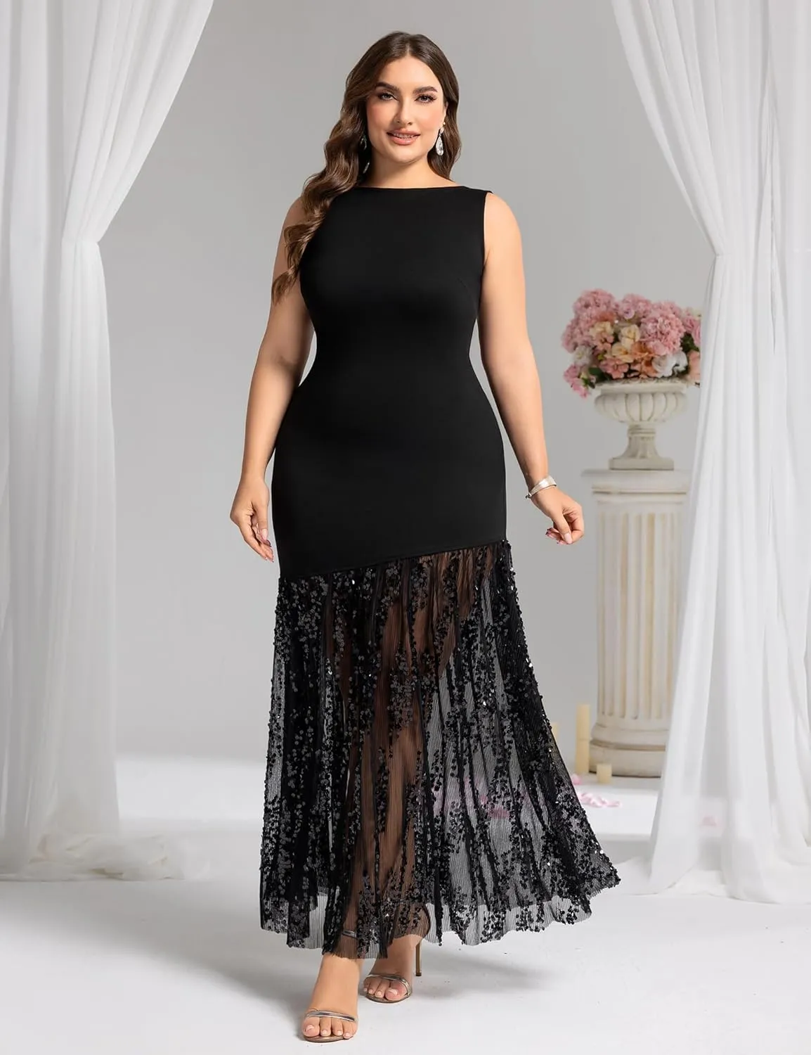 Plus Size Wedding Guest Dress Summer Sleeveless Cocktail Formal Gown Sequin Sheer Mesh Embellished Mermaid Maxi Dress