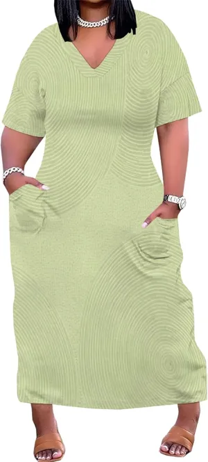 Plus Size Women Casual Loose Bohemian Maxi Dress with Pockets Short Sleeve Long Summer Beach Swing Vacation Sundress