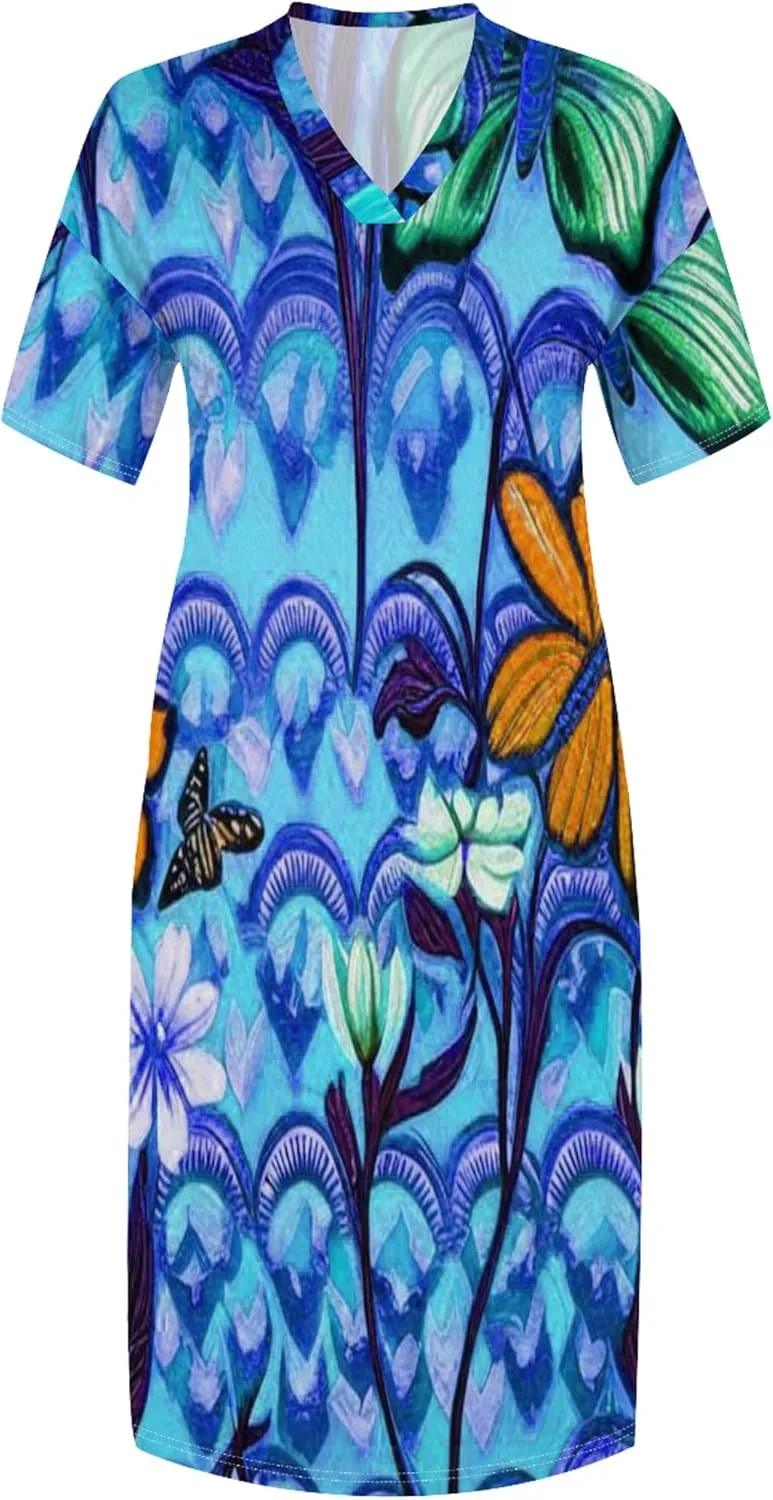 Plus Size Women Casual Loose Bohemian Maxi Dress with Pockets Short Sleeve Long Summer Beach Swing Vacation Sundress