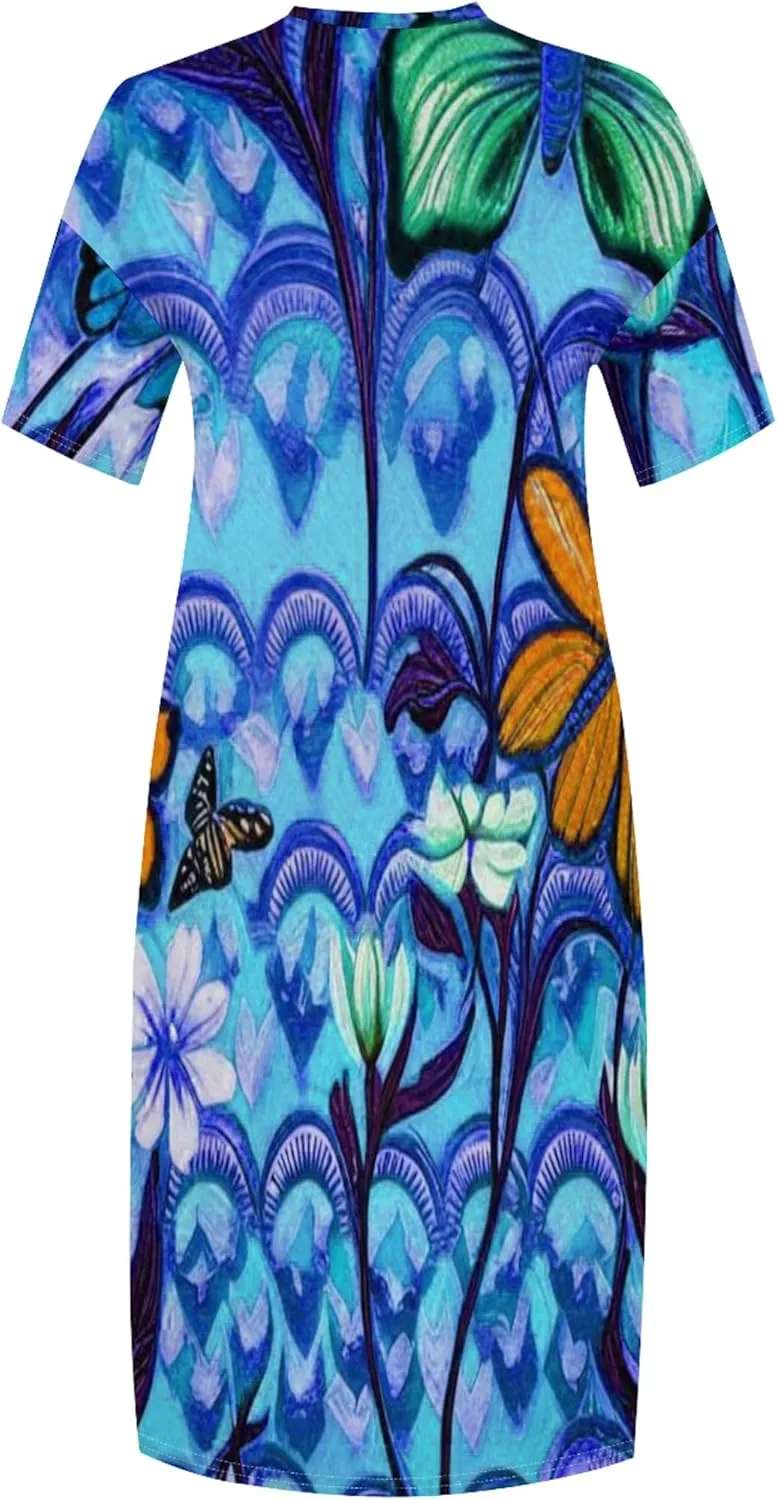 Plus Size Women Casual Loose Bohemian Maxi Dress with Pockets Short Sleeve Long Summer Beach Swing Vacation Sundress