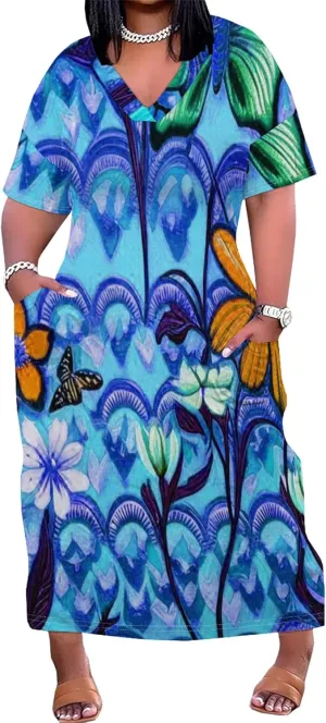 Plus Size Women Casual Loose Bohemian Maxi Dress with Pockets Short Sleeve Long Summer Beach Swing Vacation Sundress
