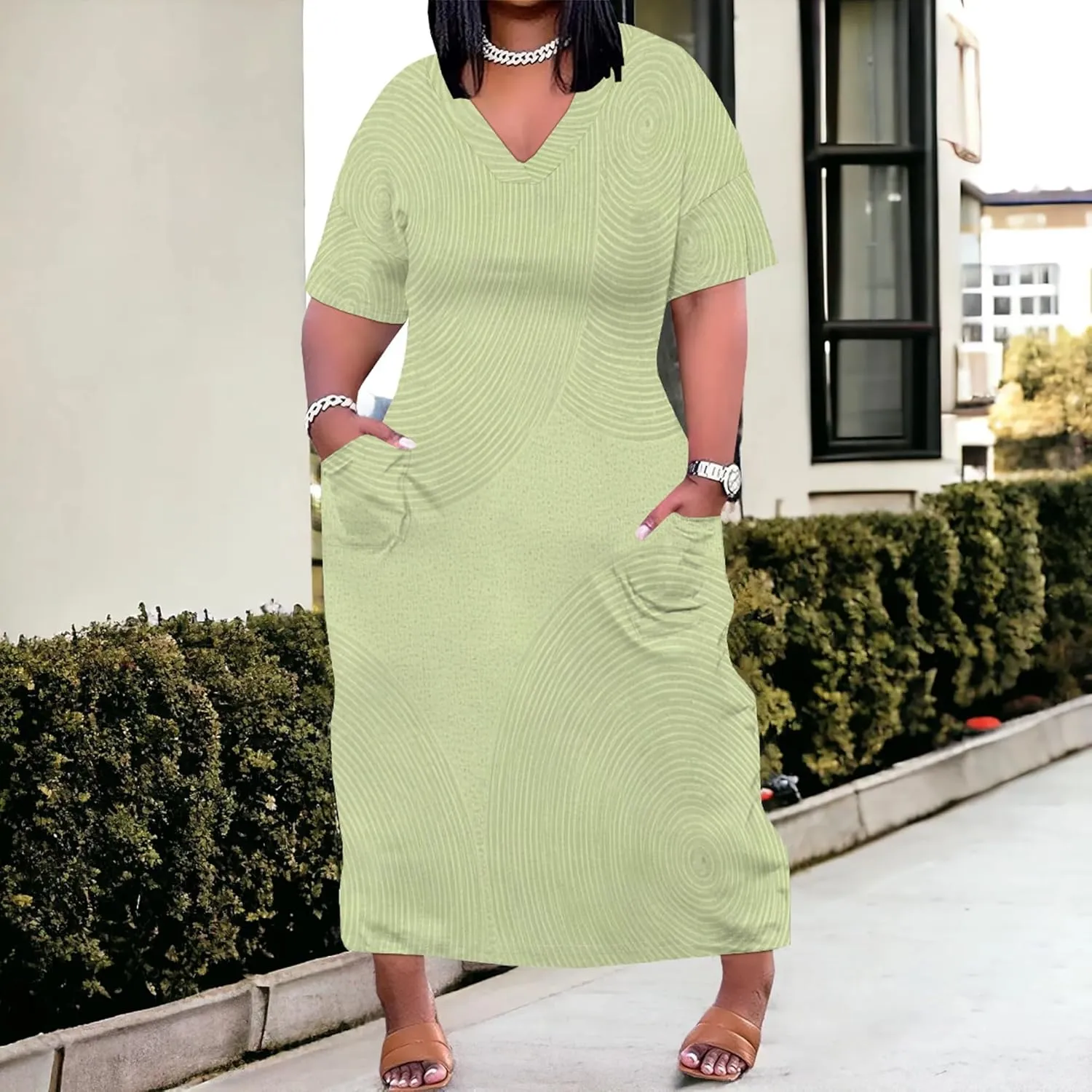 Plus Size Women Casual Loose Bohemian Maxi Dress with Pockets Short Sleeve Long Summer Beach Swing Vacation Sundress