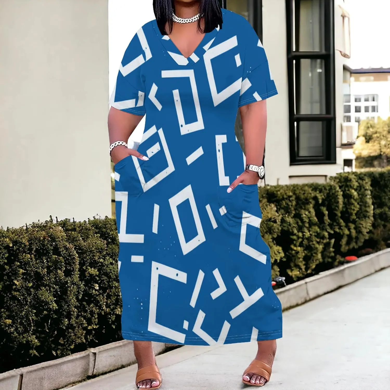 Plus Size Women Casual Loose Bohemian Maxi Dress with Pockets Short Sleeve Long Summer Beach Swing Vacation Sundress