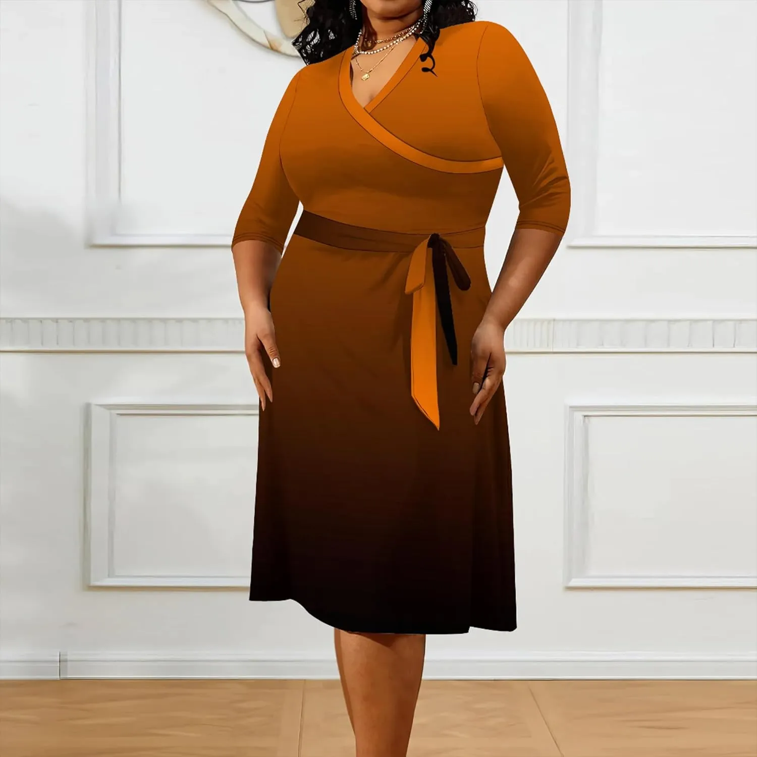 Plus Size Women's Midi Dress 3/4 Sleeves V Neck Cocktail Party Club Sundress Curvy Wrap Sexy Casual Dresses with Belt