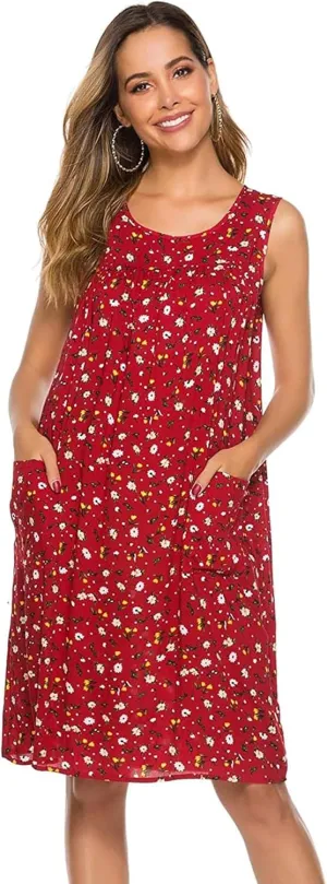 POGTMM Women Sleeveless Shift Dress Sundress Floral Print House Dresses for Women with Pockets