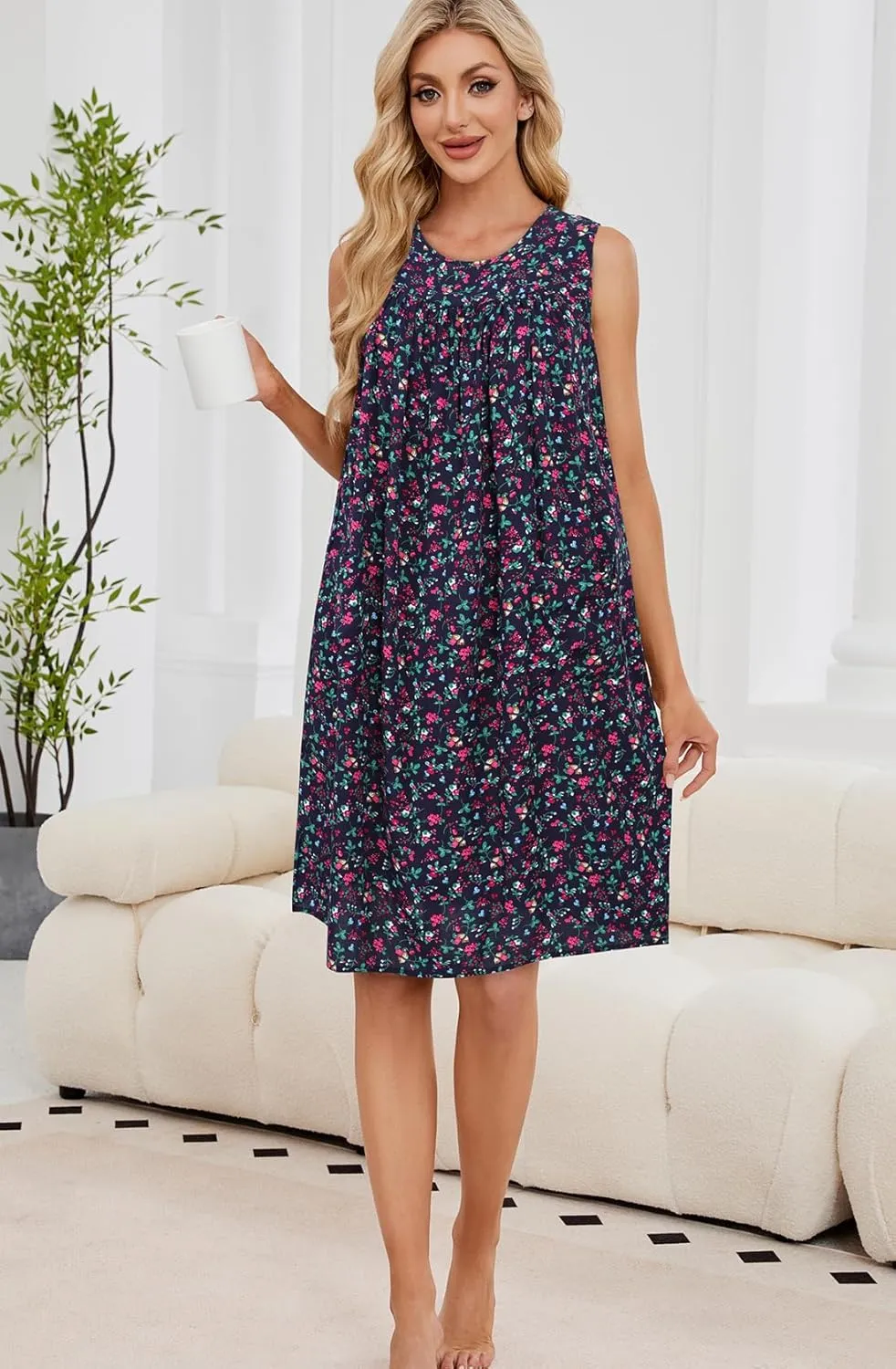 POGTMM Women Sleeveless Shift Dress Sundress Floral Print House Dresses for Women with Pockets