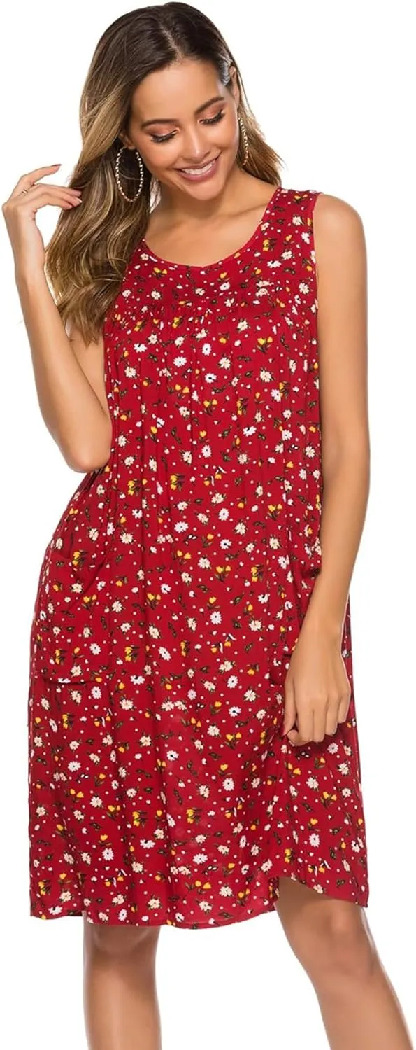 POGTMM Women Sleeveless Shift Dress Sundress Floral Print House Dresses for Women with Pockets
