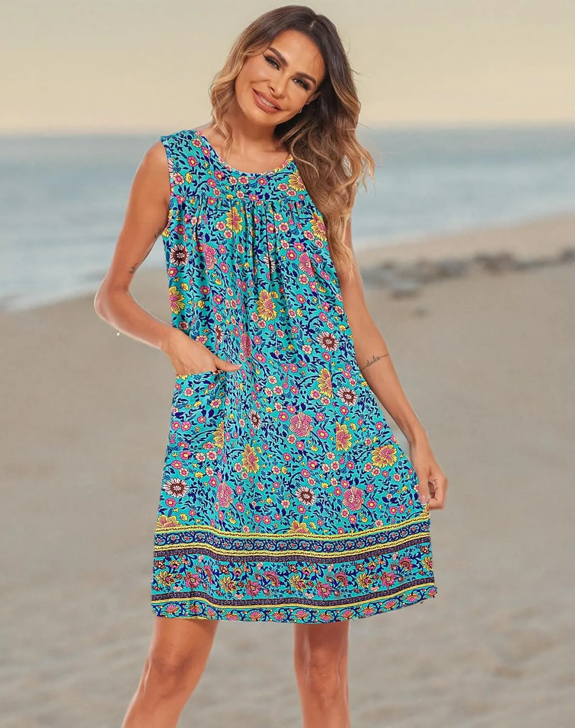 POGTMM Women Sleeveless Shift Dress Sundress Floral Print House Dresses for Women with Pockets
