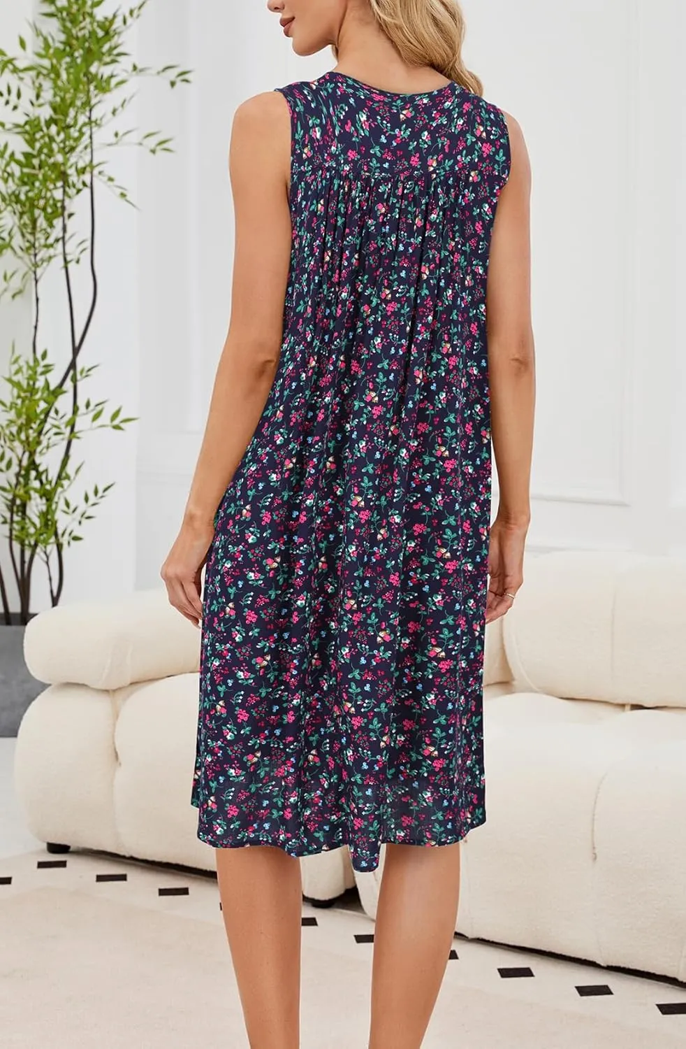 POGTMM Women Sleeveless Shift Dress Sundress Floral Print House Dresses for Women with Pockets