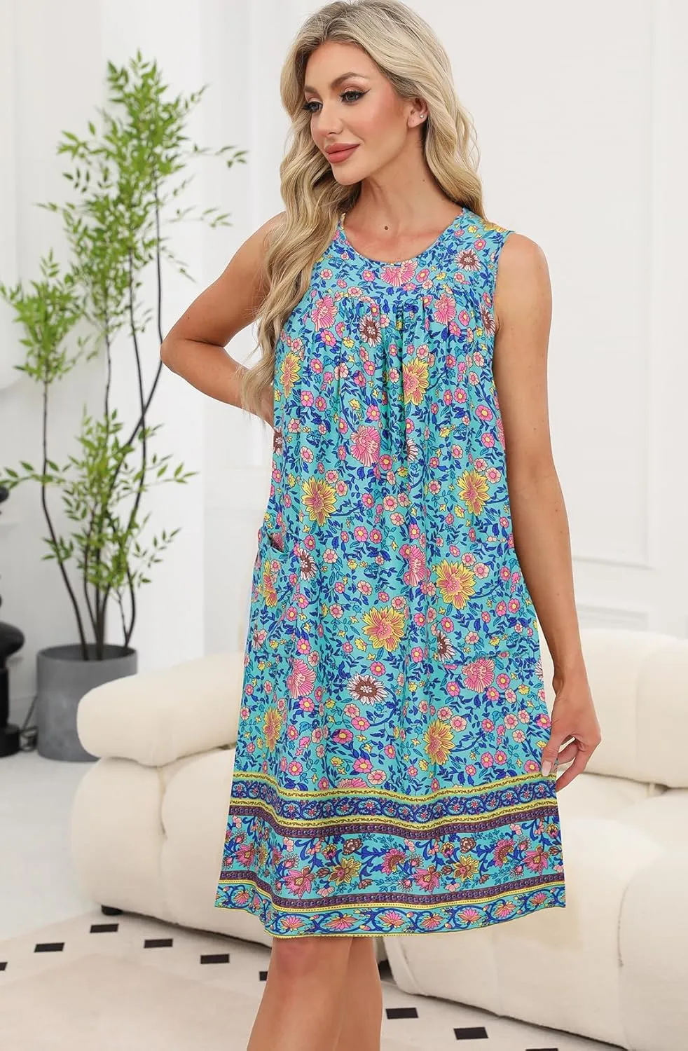 POGTMM Women Sleeveless Shift Dress Sundress Floral Print House Dresses for Women with Pockets