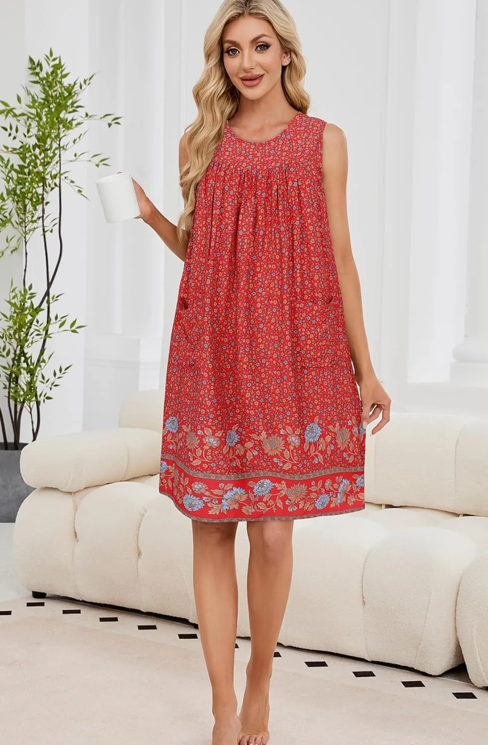 POGTMM Women Sleeveless Shift Dress Sundress Floral Print House Dresses for Women with Pockets