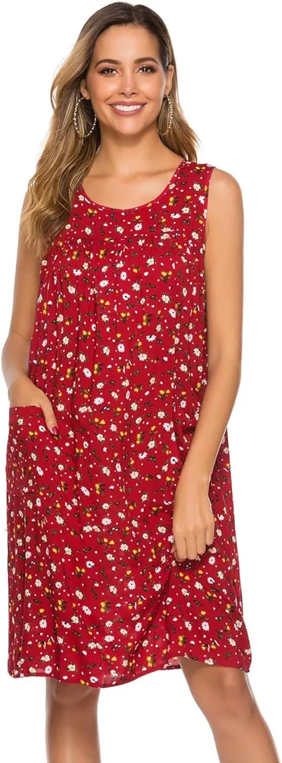 POGTMM Women Sleeveless Shift Dress Sundress Floral Print House Dresses for Women with Pockets