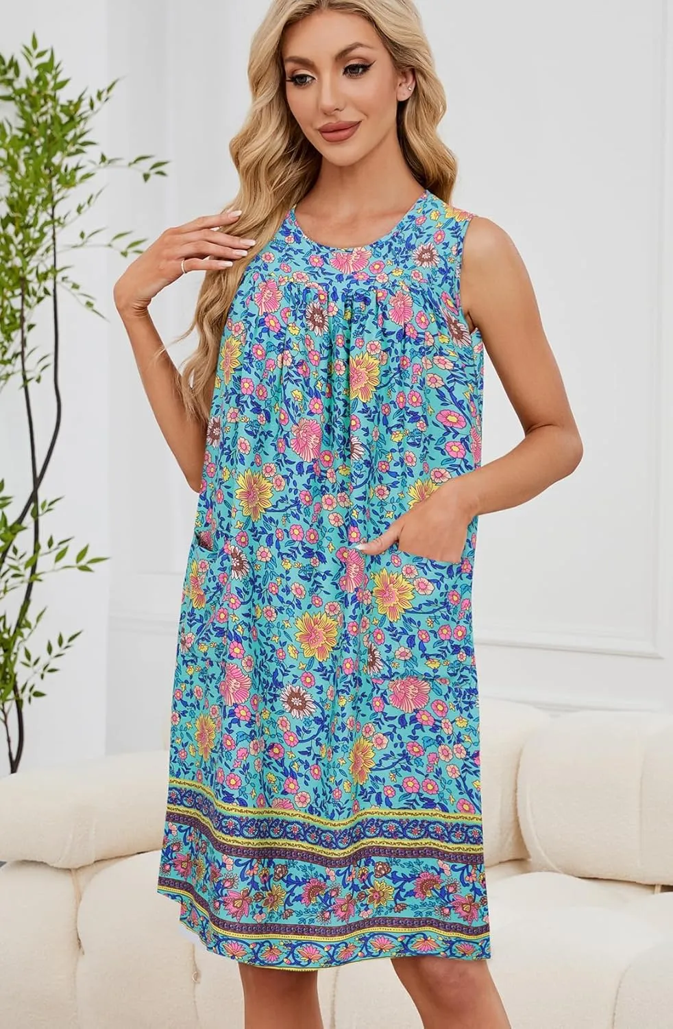 POGTMM Women Sleeveless Shift Dress Sundress Floral Print House Dresses for Women with Pockets