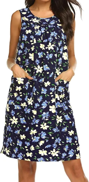 POGTMM Women Sleeveless Shift Dress Sundress Floral Print House Dresses for Women with Pockets