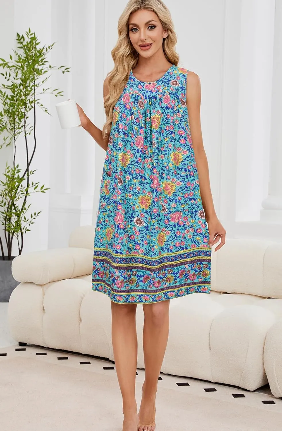 POGTMM Women Sleeveless Shift Dress Sundress Floral Print House Dresses for Women with Pockets