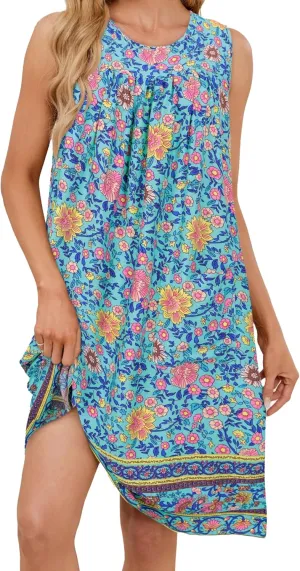 POGTMM Women Sleeveless Shift Dress Sundress Floral Print House Dresses for Women with Pockets