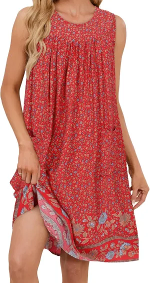 POGTMM Women Sleeveless Shift Dress Sundress Floral Print House Dresses for Women with Pockets