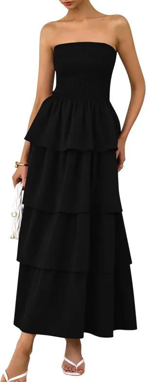 PRETTYGARDEN Maxi Dresses for Women 2025 Summer Off Shoulder Smocked Tiered Ruffle Long Flowy Wedding Guest Dress