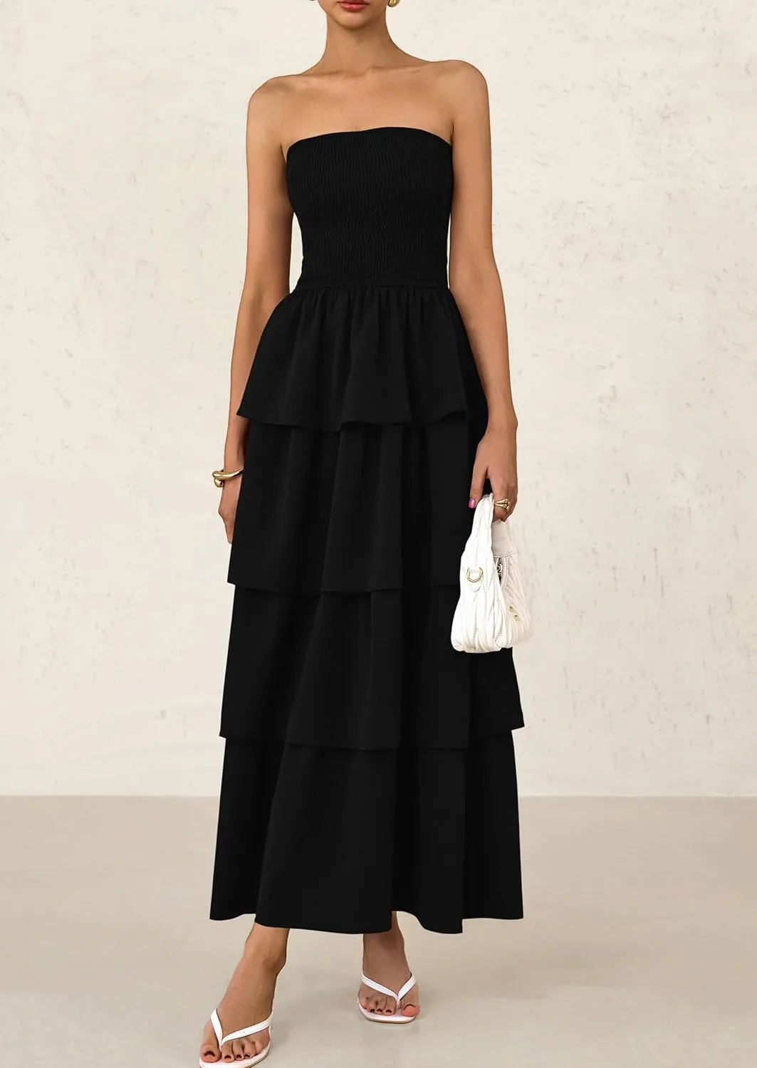 PRETTYGARDEN Maxi Dresses for Women 2025 Summer Off Shoulder Smocked Tiered Ruffle Long Flowy Wedding Guest Dress