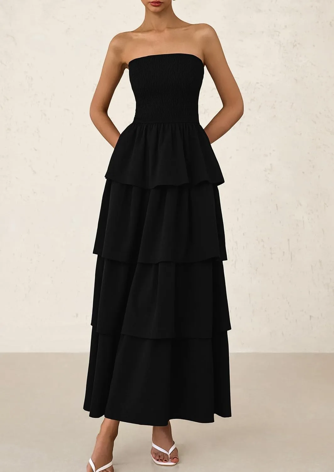 PRETTYGARDEN Maxi Dresses for Women 2025 Summer Off Shoulder Smocked Tiered Ruffle Long Flowy Wedding Guest Dress