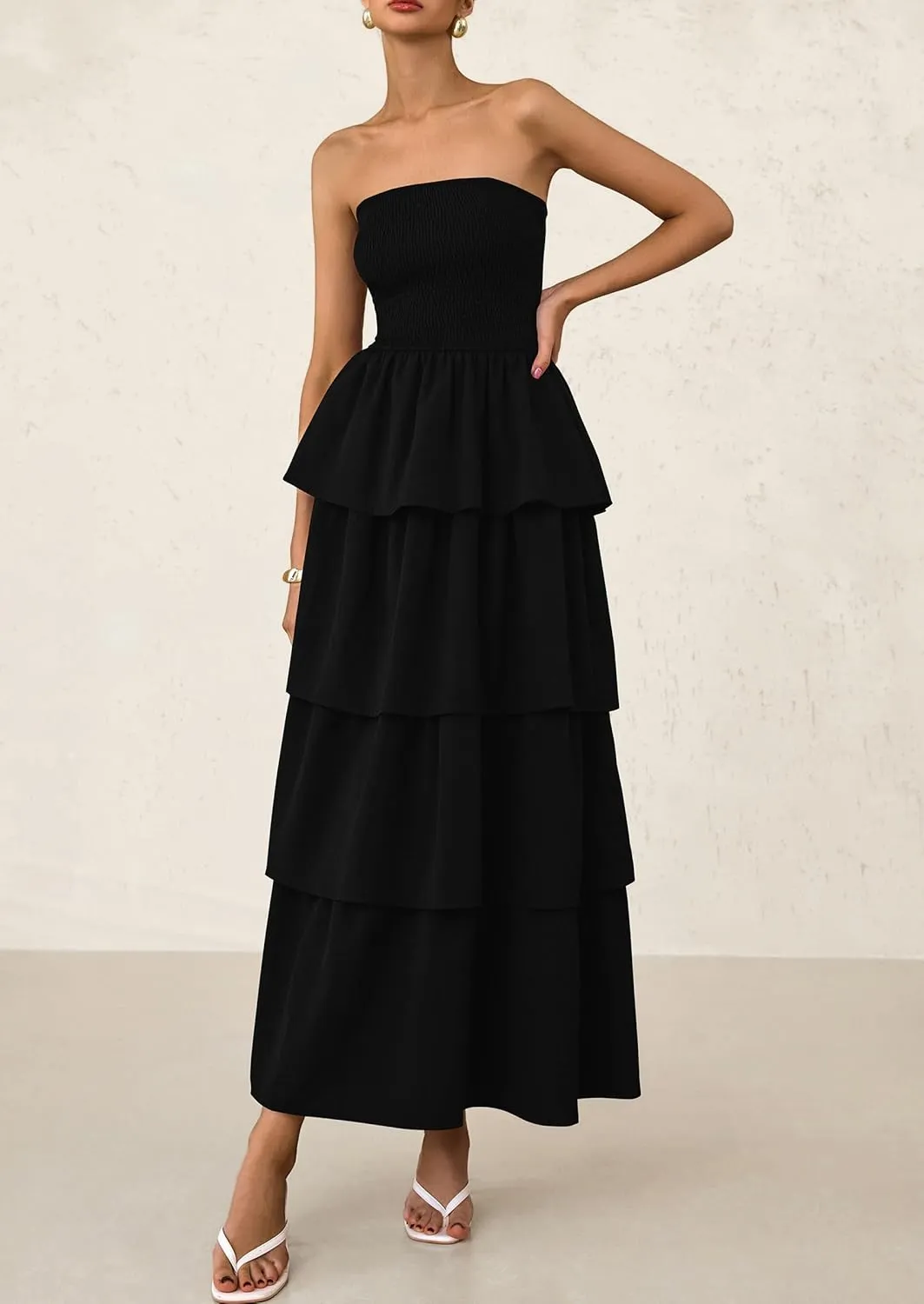 PRETTYGARDEN Maxi Dresses for Women 2025 Summer Off Shoulder Smocked Tiered Ruffle Long Flowy Wedding Guest Dress
