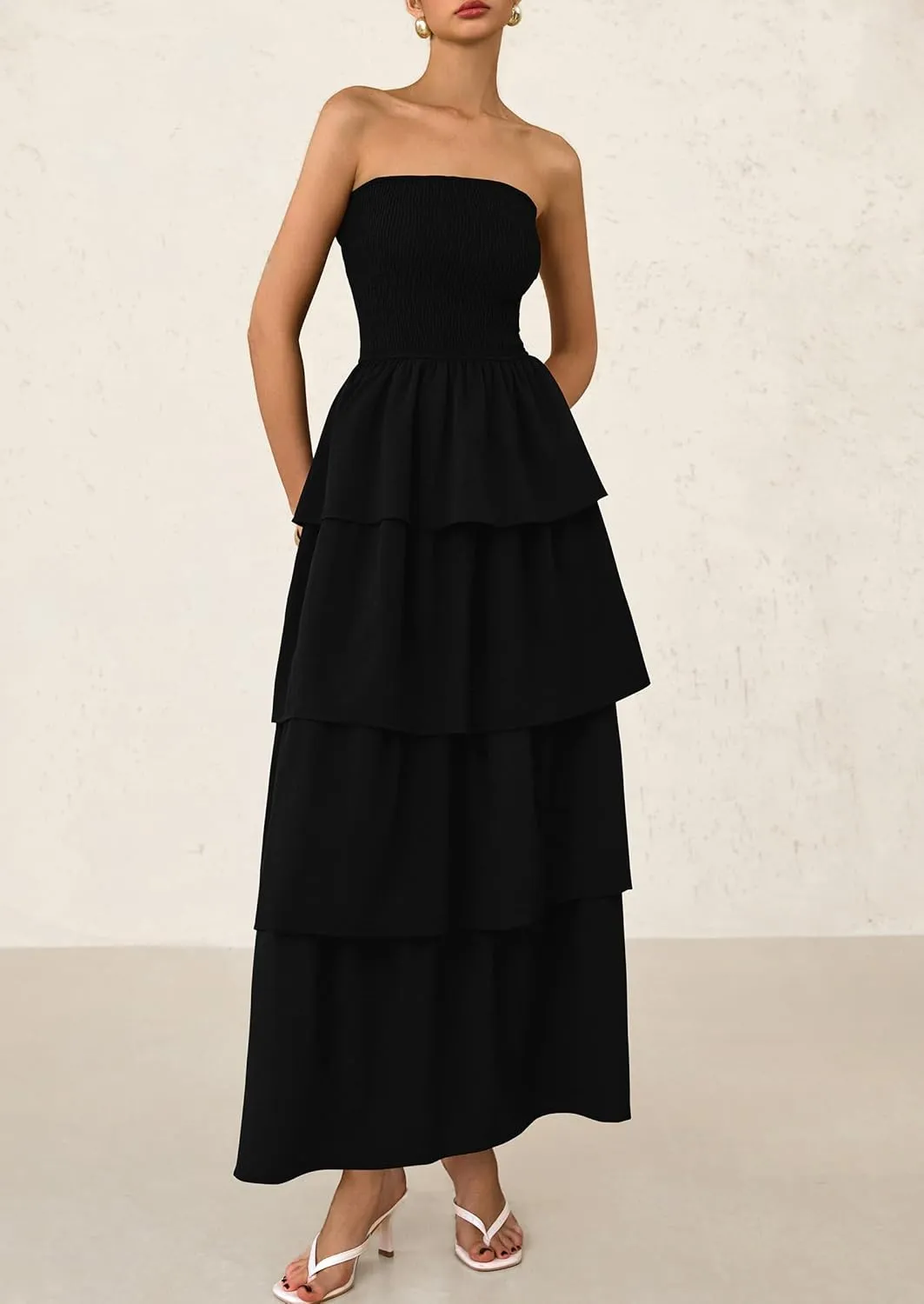 PRETTYGARDEN Maxi Dresses for Women 2025 Summer Off Shoulder Smocked Tiered Ruffle Long Flowy Wedding Guest Dress