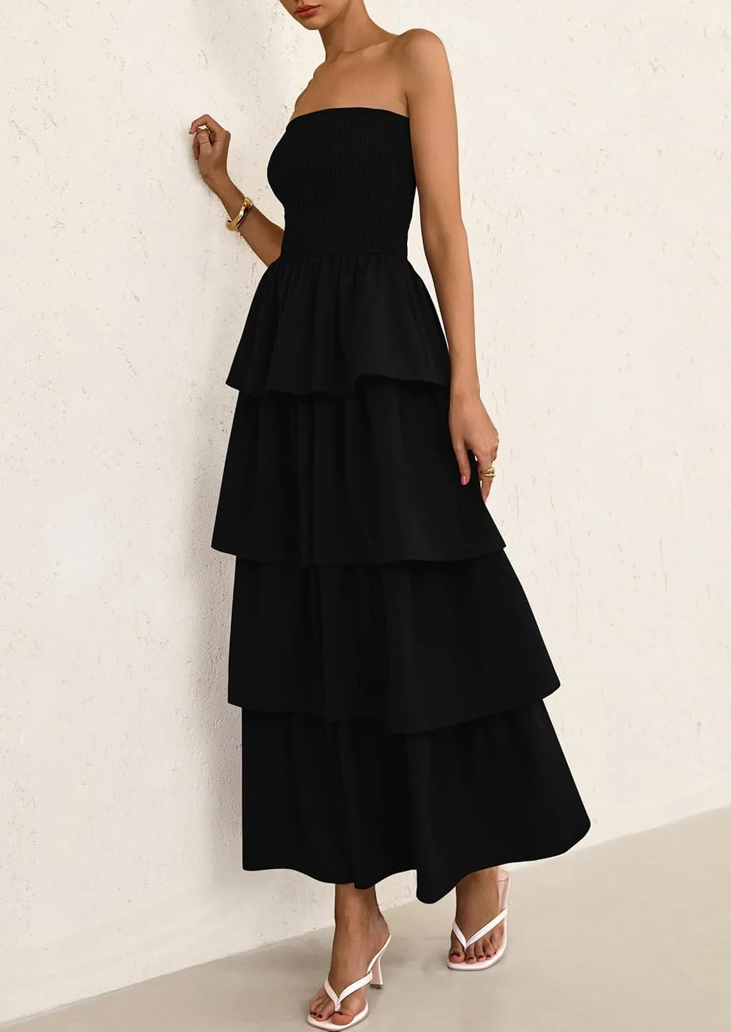 PRETTYGARDEN Maxi Dresses for Women 2025 Summer Off Shoulder Smocked Tiered Ruffle Long Flowy Wedding Guest Dress
