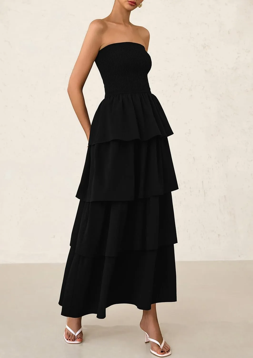 PRETTYGARDEN Maxi Dresses for Women 2025 Summer Off Shoulder Smocked Tiered Ruffle Long Flowy Wedding Guest Dress