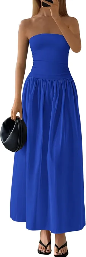 PRETTYGARDEN Women 2025 Summer Elegant Strapless Maxi Dress Tube Top Dress A Line Flowy Long Wedding Party Cocktail Dresses