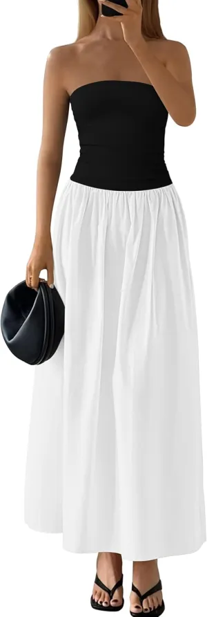 PRETTYGARDEN Women 2025 Summer Elegant Strapless Maxi Dress Tube Top Dress A Line Flowy Long Wedding Party Cocktail Dresses