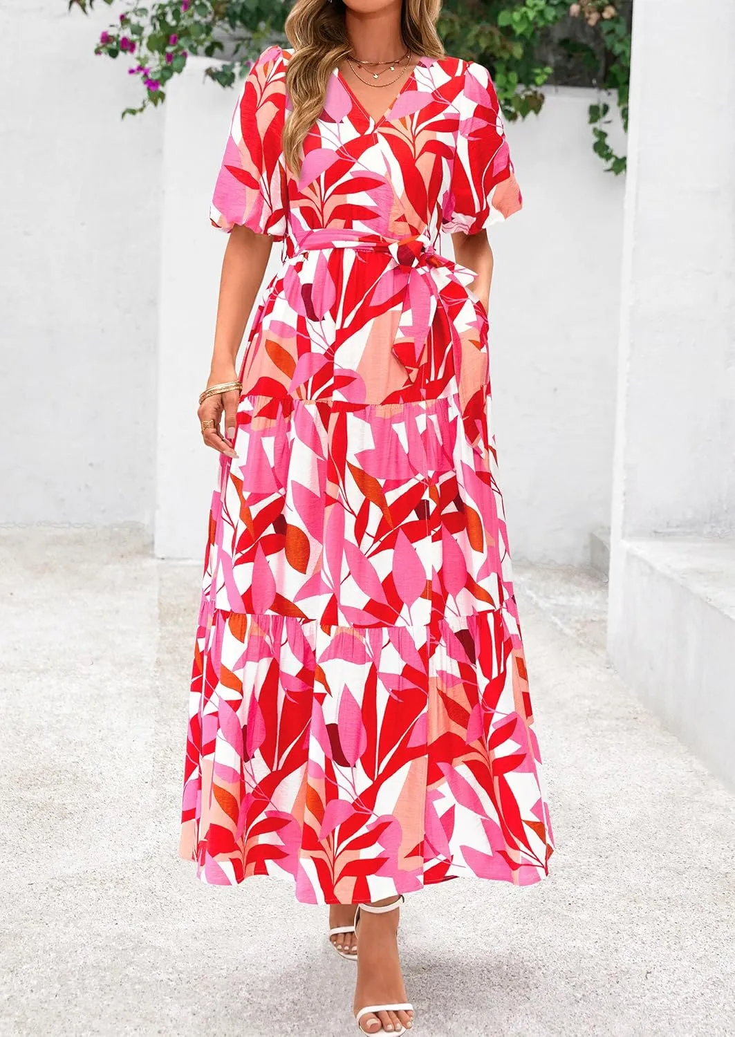 PRETTYGARDEN Women's Summer Maxi Dress 2025 Resort Wear Boho Floral V Neck Puff Short Sleeve Ruffle Flowy Beach Long Dresses