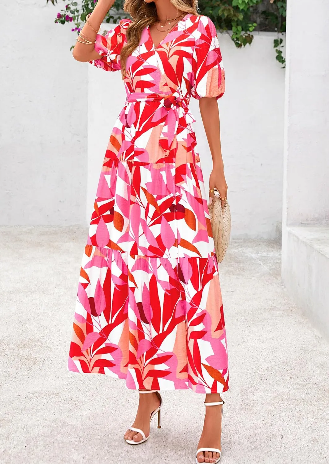 PRETTYGARDEN Women's Summer Maxi Dress 2025 Resort Wear Boho Floral V Neck Puff Short Sleeve Ruffle Flowy Beach Long Dresses