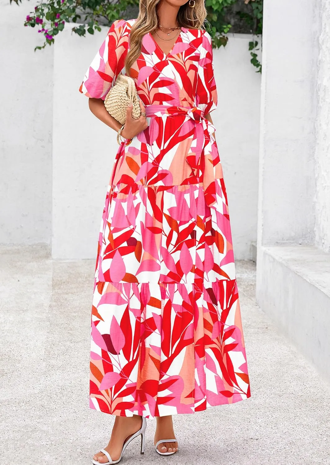 PRETTYGARDEN Women's Summer Maxi Dress 2025 Resort Wear Boho Floral V Neck Puff Short Sleeve Ruffle Flowy Beach Long Dresses