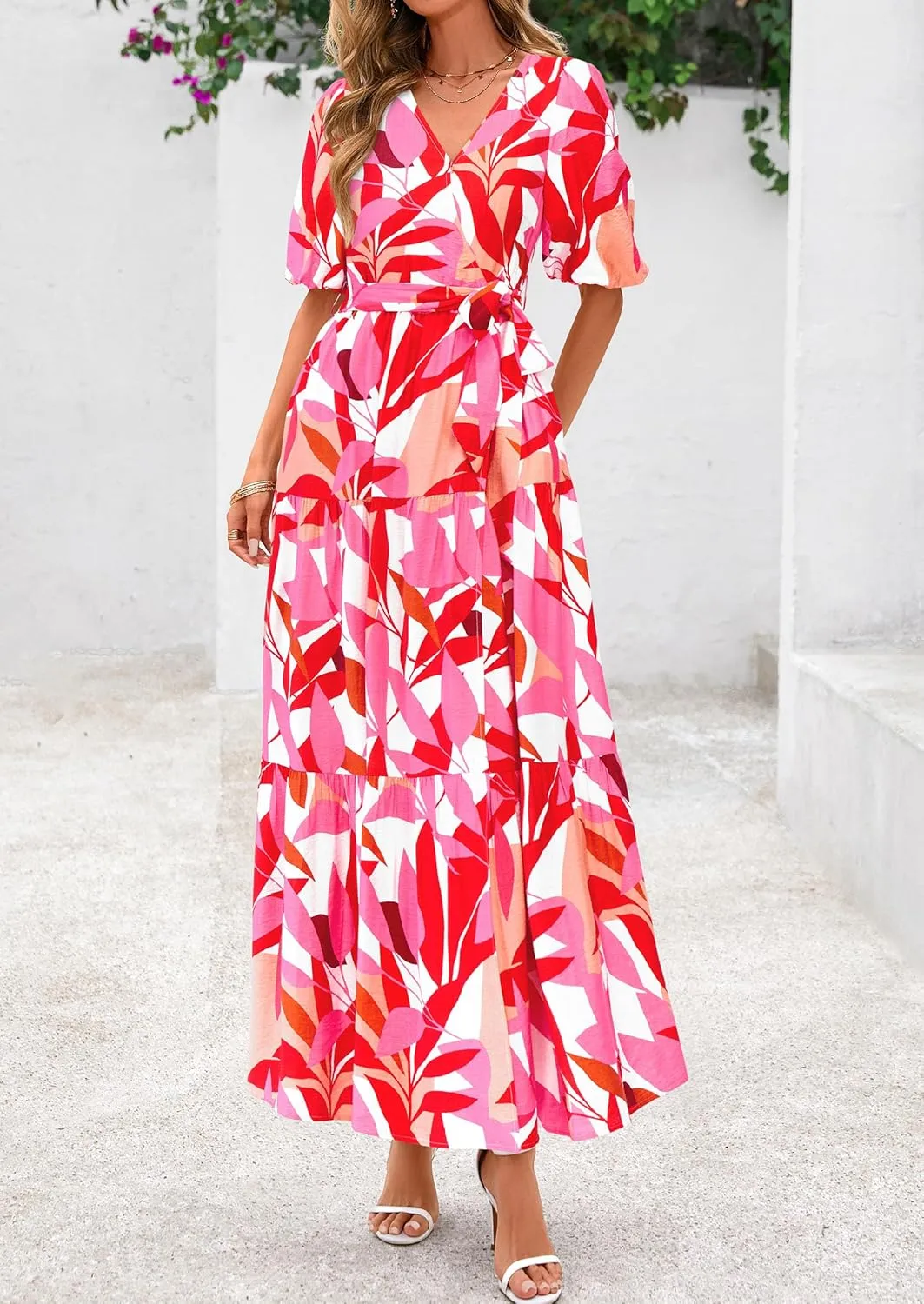 PRETTYGARDEN Women's Summer Maxi Dress 2025 Resort Wear Boho Floral V Neck Puff Short Sleeve Ruffle Flowy Beach Long Dresses