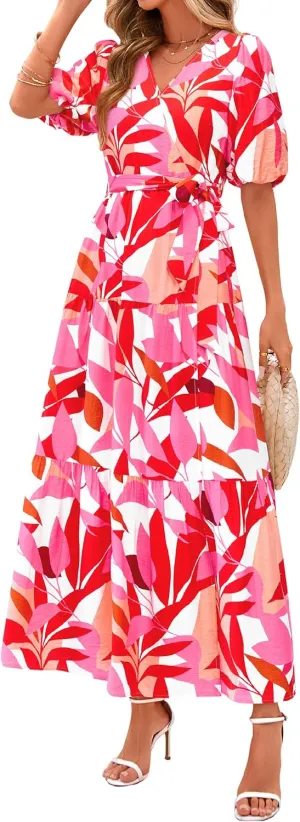 PRETTYGARDEN Women's Summer Maxi Dress 2025 Resort Wear Boho Floral V Neck Puff Short Sleeve Ruffle Flowy Beach Long Dresses