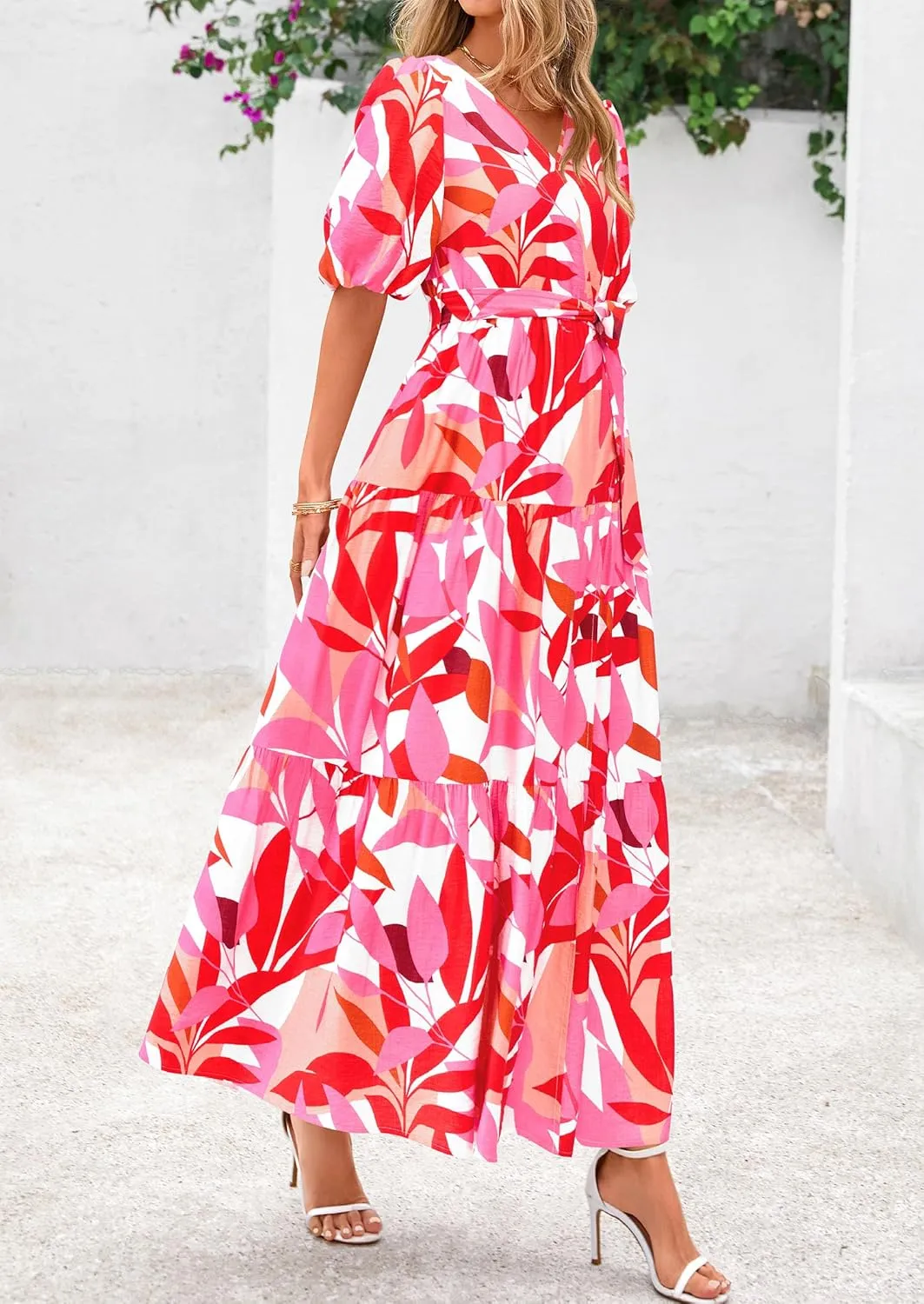 PRETTYGARDEN Women's Summer Maxi Dress 2025 Resort Wear Boho Floral V Neck Puff Short Sleeve Ruffle Flowy Beach Long Dresses