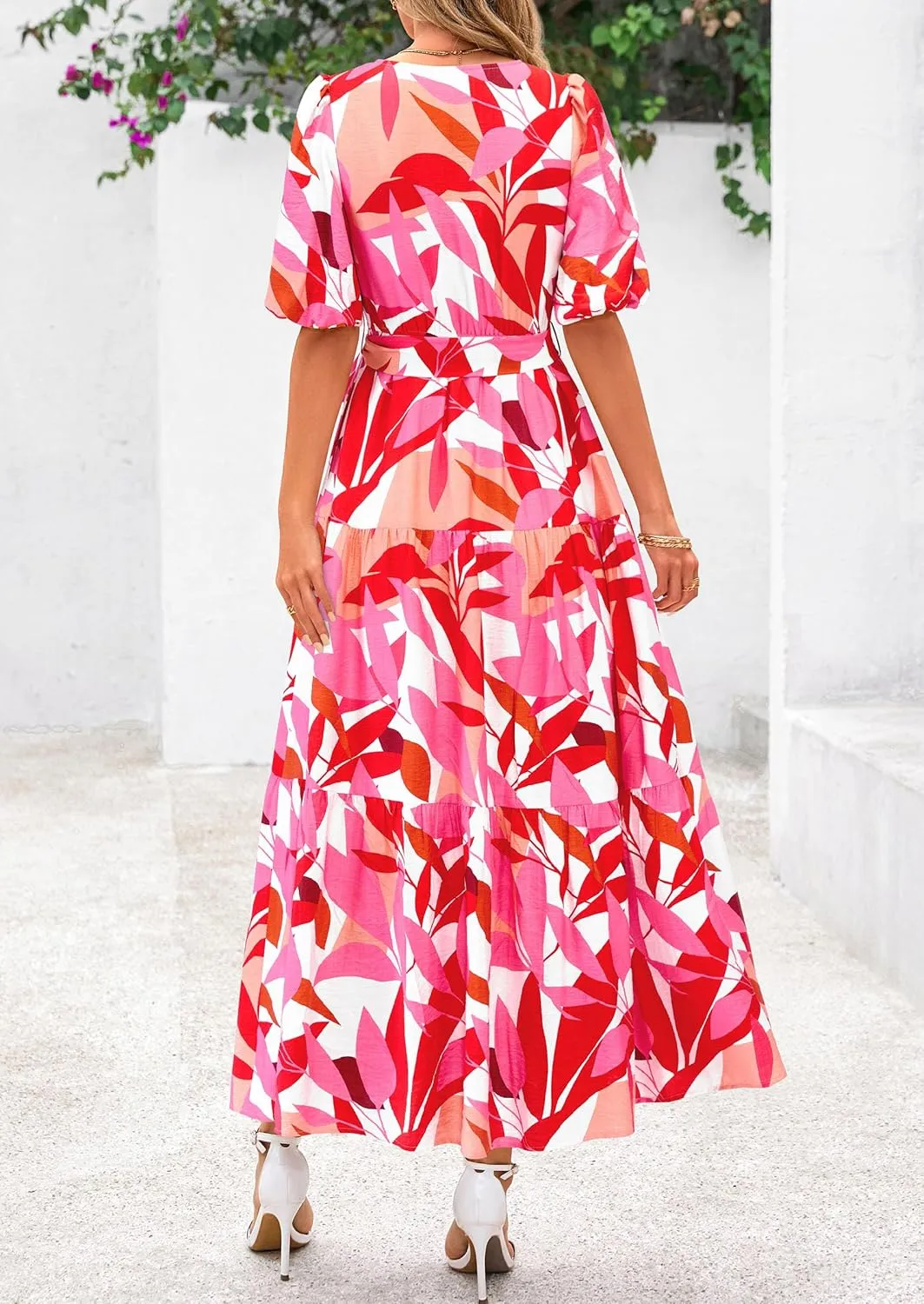 PRETTYGARDEN Women's Summer Maxi Dress 2025 Resort Wear Boho Floral V Neck Puff Short Sleeve Ruffle Flowy Beach Long Dresses