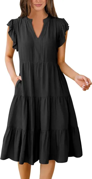 Prinbara Womens Summer Floral Midi Dresses Ruffle Sleeve V Neck 2025 Spring Casual Flowy Tiered A-Line Sundress with Pockets