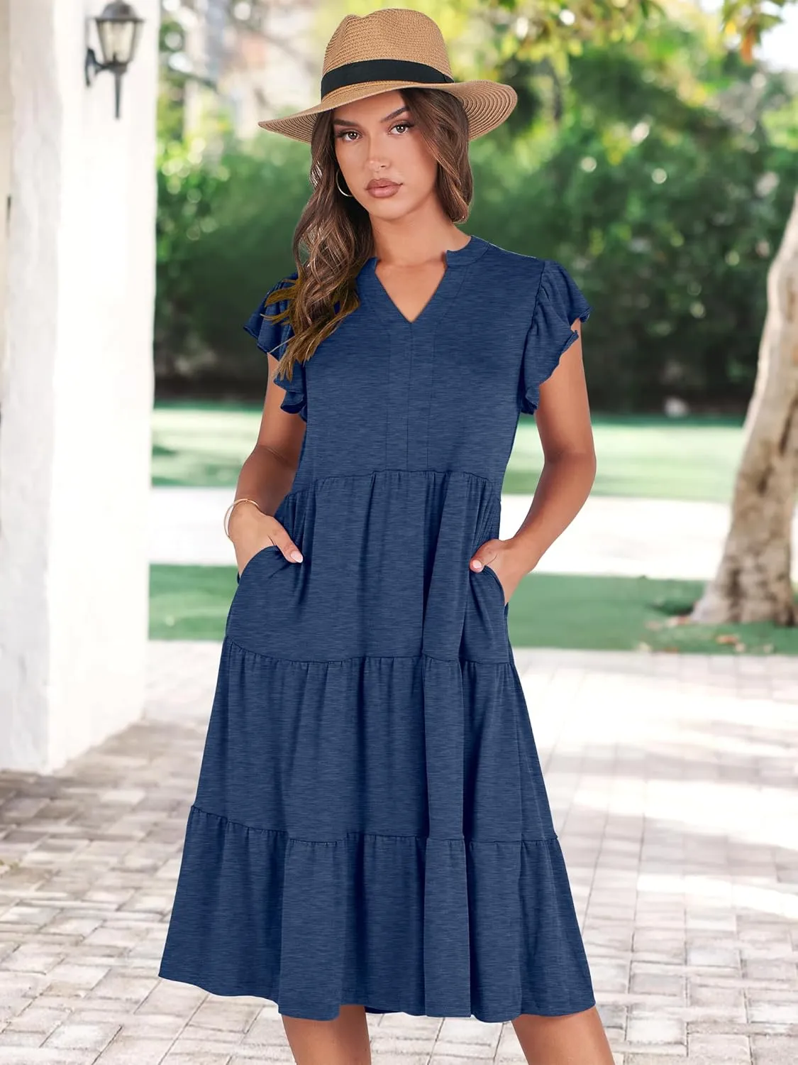 Prinbara Womens Summer Floral Midi Dresses Ruffle Sleeve V Neck 2025 Spring Casual Flowy Tiered A-Line Sundress with Pockets